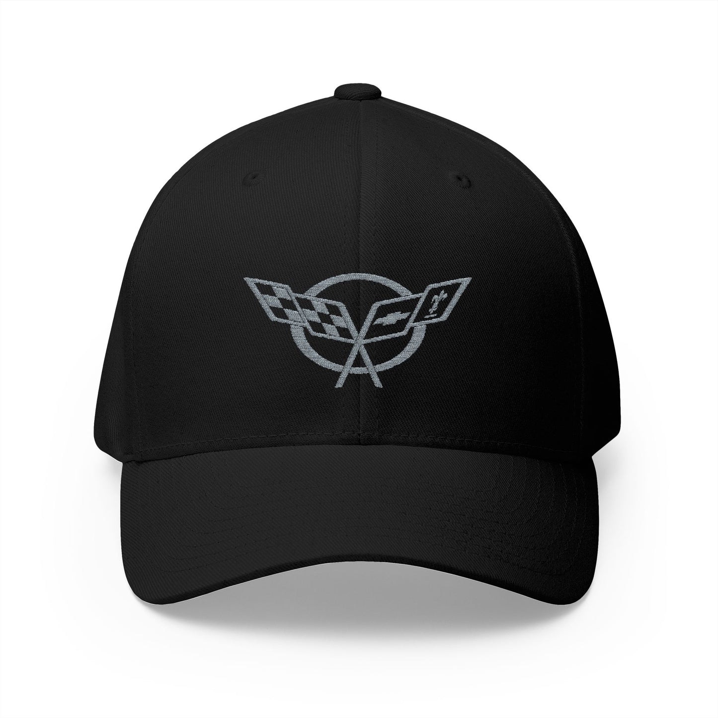 Corvette C5 Gray Logo Baseball Cap, Flexfit Hat, Stretchy Band, Black Hat, Corvette Gear, Embroidery
