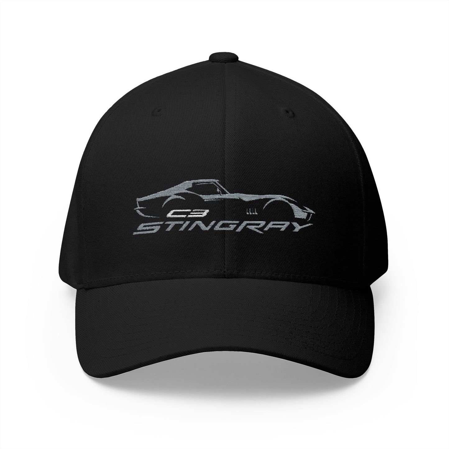 Corvette Silver C3 Stingray Silhouette Baseball Cap, Flexfit Hat, Stretchy Band, Black Hat, Corvette Gear, Embroidery