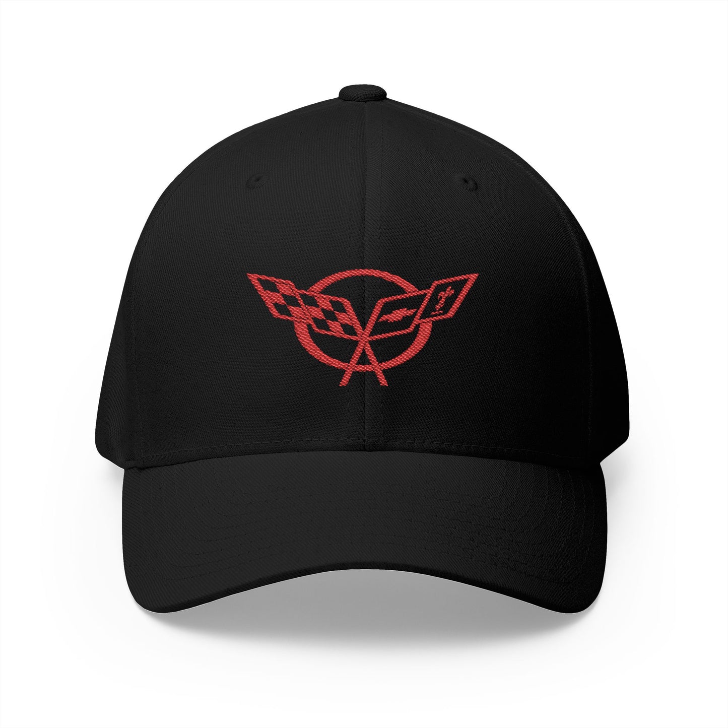 Corvette C5 Red Logo Baseball Cap, Flexfit Hat, Stretchy Band, Black Hat, Corvette Gear, Embroidery