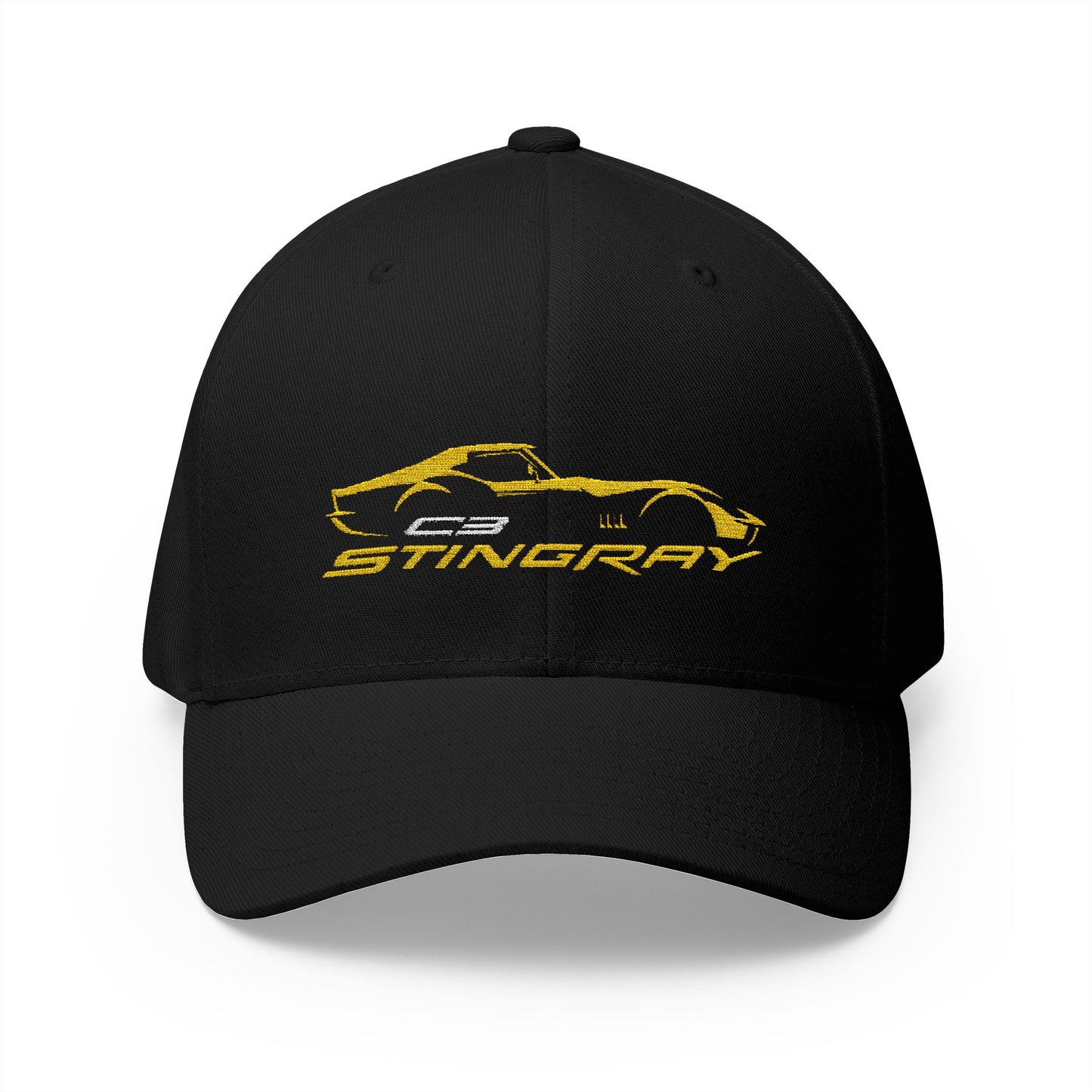 Corvette Yellow C3 Stingray Silhouette Baseball Cap, Flexfit Hat, Stretchy Band, Black Hat, Corvette Gear, Embroidery