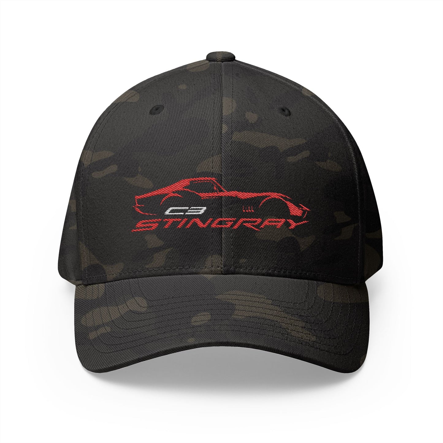 Corvette Red C3 Stingray Silhouette Baseball Cap, Flexfit Hat, Stretchy Band, Black Hat, Corvette Gear, Embroidery