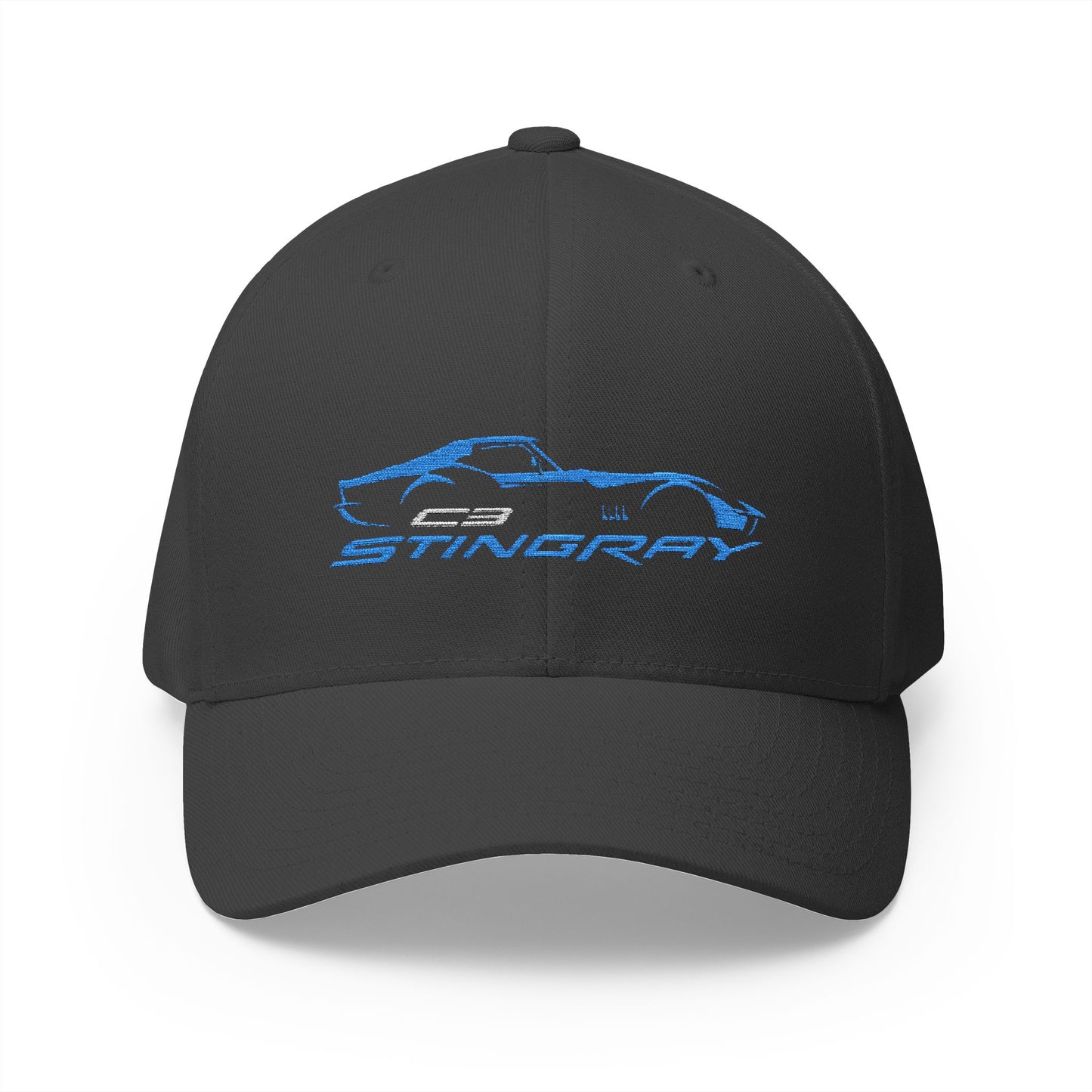 Corvette Blue C3 Stingray Silhouette Baseball Cap, Flexfit Hat, Stretchy Band, Black Hat, Corvette Gear, Embroidery