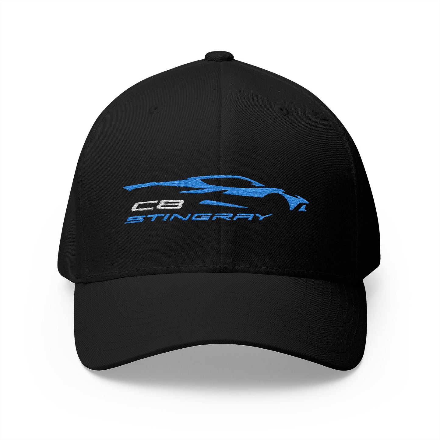Corvette C8 Stingray Logo Baseball Cap, FlexfitÂŽ Hat, Stretchy Band, Black Hat, Corvette Gear, Embroidery