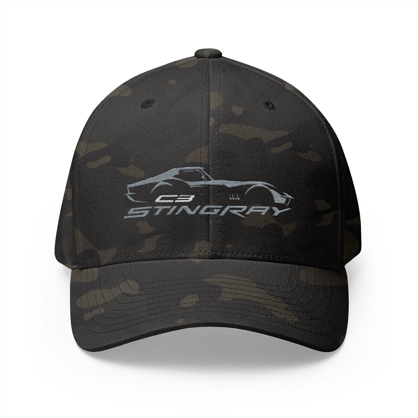 Corvette Silver C3 Stingray Silhouette Baseball Cap, Flexfit Hat, Stretchy Band, Black Hat, Corvette Gear, Embroidery