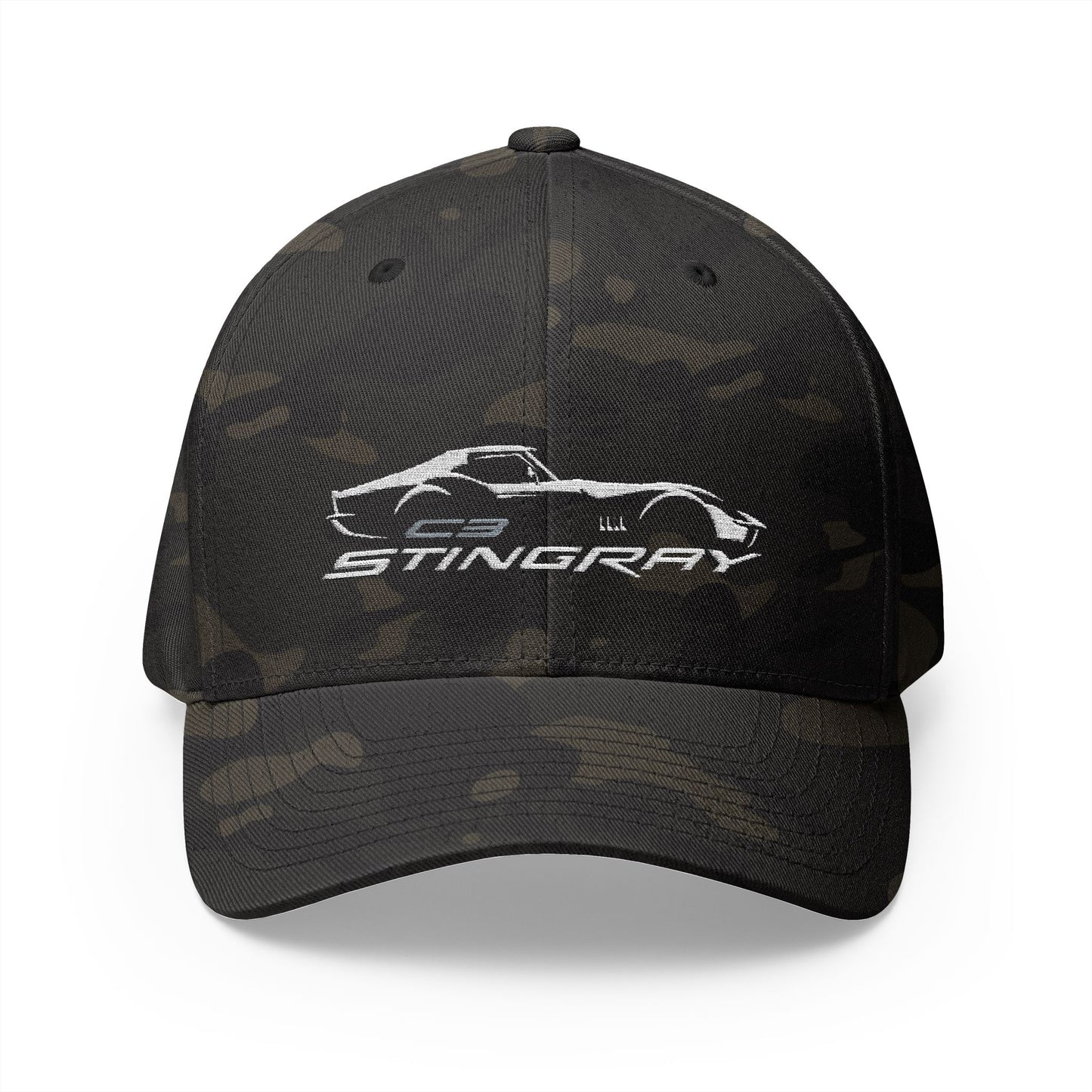 Corvette White C3 Stingray Silhouette Baseball Cap, Flexfit Hat, Stretchy Band, Black Hat, Corvette Gear, Embroidery