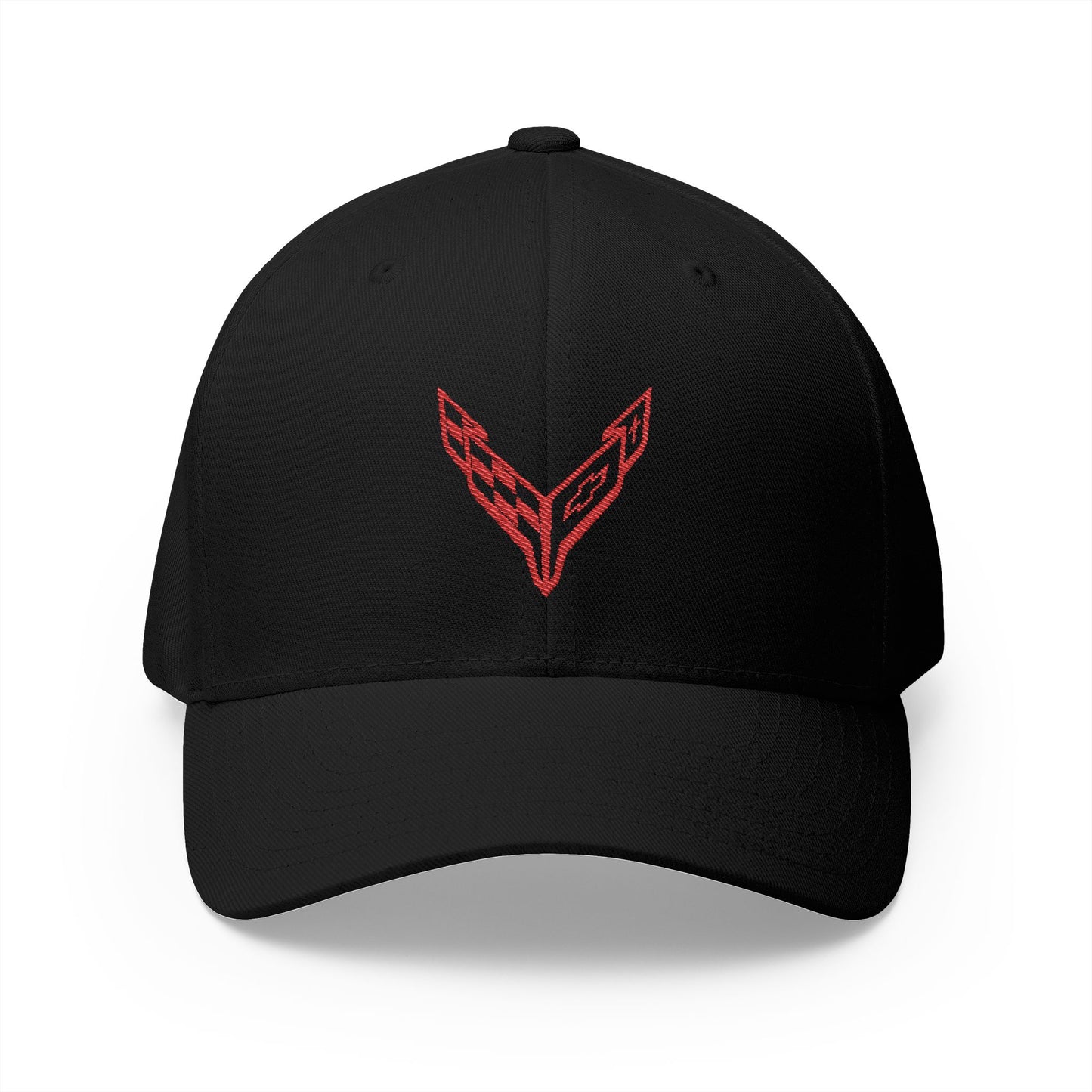 Corvette C8 Red Logo Baseball Cap, FlexfitÂŽ Hat, Stretchy Band, Black Hat, Corvette Gear, Embroidery