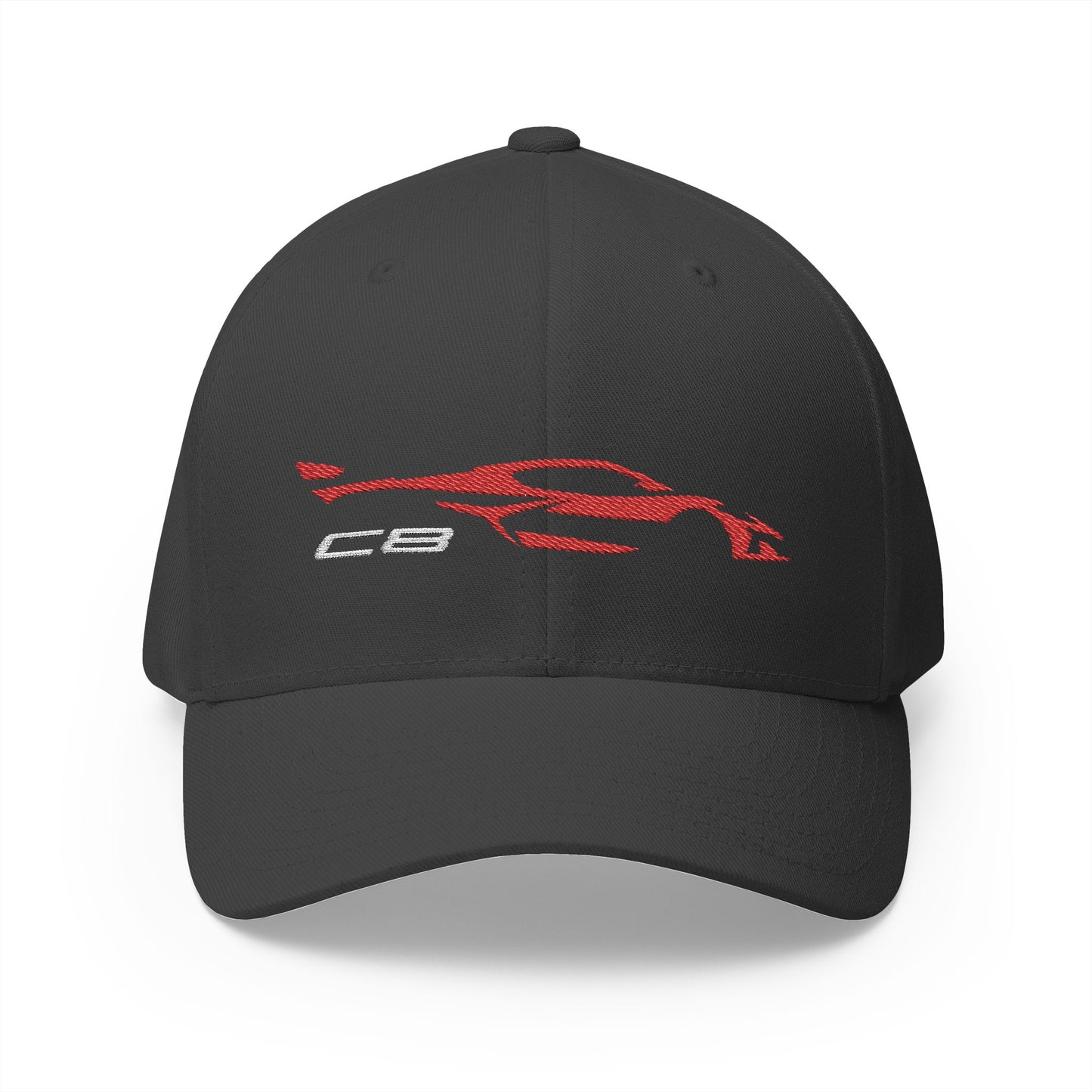 Corvette Red C8 Silhouette Baseball Cap, Flexfit Hat, Stretchy Band, Black Hat, Corvette Gear, Embroidery