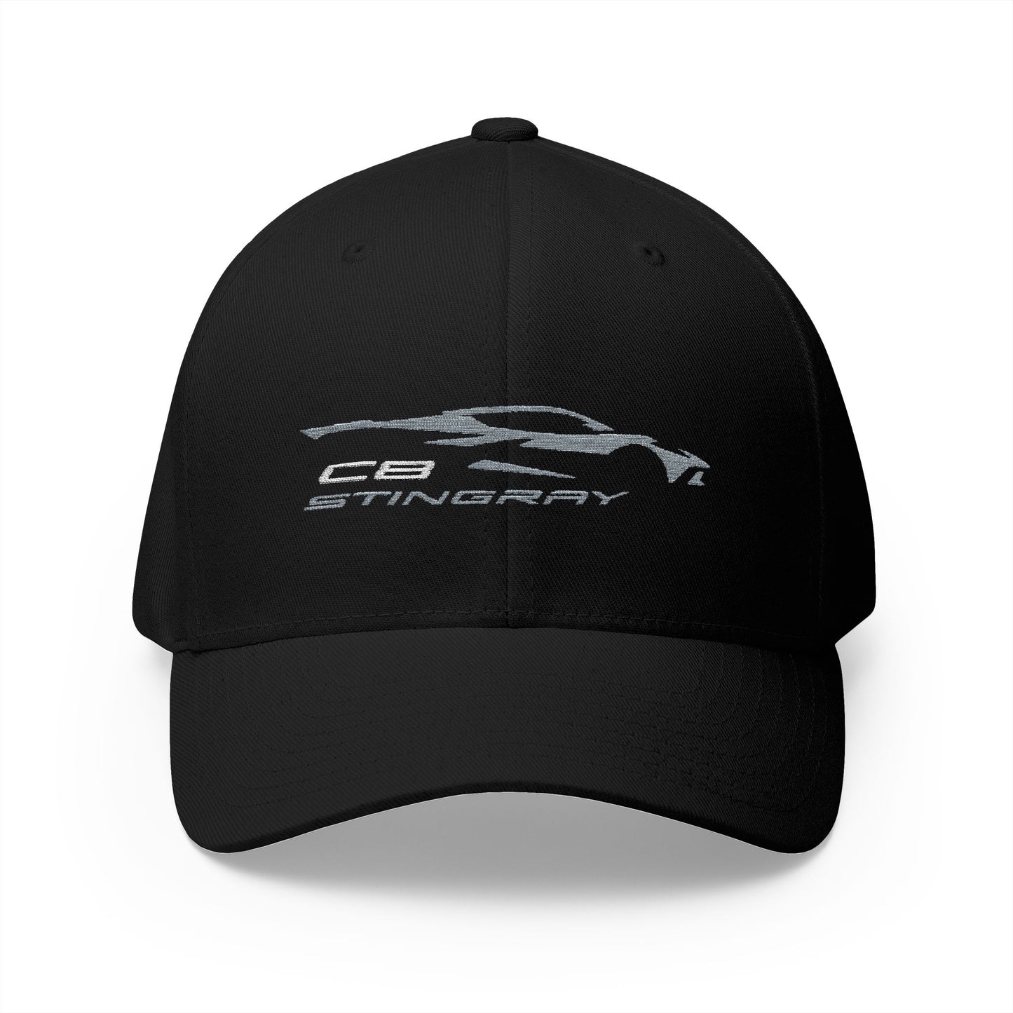Corvette C8 Stingray Logo Baseball Cap, FlexfitÂŽ Hat, Stretchy Band, Black Hat, Corvette Gear, Embroidery