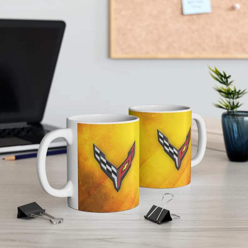 Corvette Coffee Mug - Corvette Ceramic Mug - 11oz. Coffee Mug - Chevy Corvette Mug - Microwave-Safe - Gift for Car Enthusiasts - C8 Logo