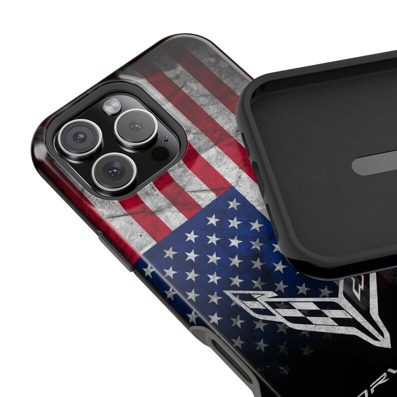 Corvette C8 USA iPhone Case - American Flag - Cell Phone Case - Impact Resistant - Rubber Liner - Matte or Glossy