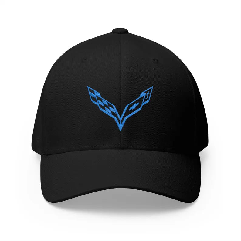 Corvette C7 Blue Logo Baseball Cap, FlexfitÂŽ Hat, Stretchy Band, Black Hat, Corvette Gear, Embroidery