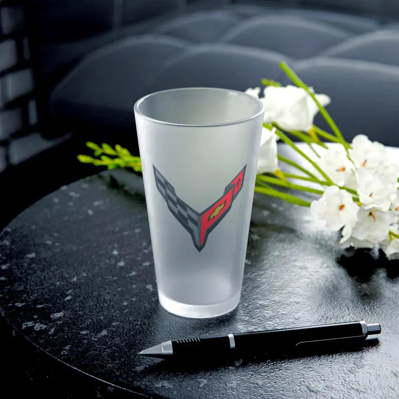 Corvette Frosted Pint Glass, C8 Logo, Perfect for Car Enthusiasts, Gifts for Gearheads, Barware for Celebrations, Gifts for Dad
