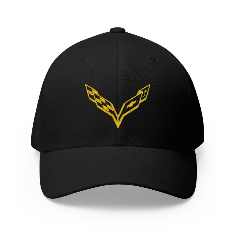 Corvette C7 Yellow Logo Baseball Cap, FlexfitÂŽ Hat, Stretchy Band, Black Hat, Corvette Gear, Embroidery