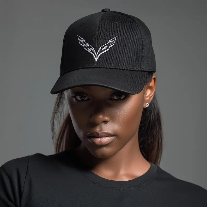 Corvette C7 White Logo Baseball Cap, FlexfitÂŽ Hat, Stretchy Band, Black Hat, Corvette Gear, Embroidery