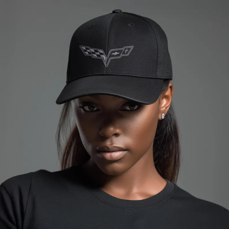 Corvette C6 Grey Logo Baseball Cap, Flexfit® Hat, Stretchy Band, Black Hat, Corvette Gear, Embroidery
