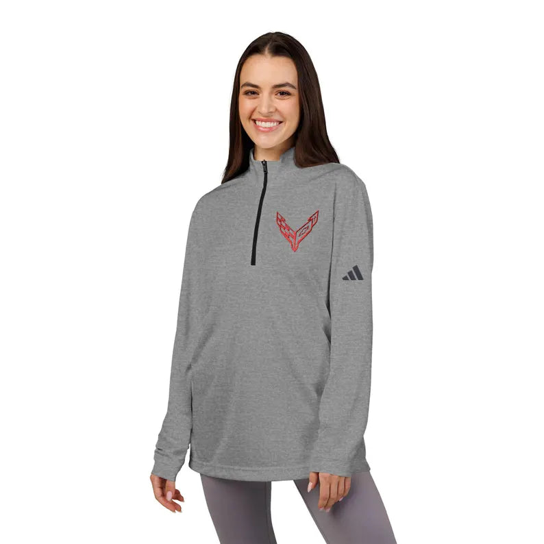 Adidas® Quarter-Zip Corvette C8 Pullover, Athletic Wear, Gym Lovers, Gifts for Him/Her, Casual Wear, Long Sleeve, Red Corvette Logo