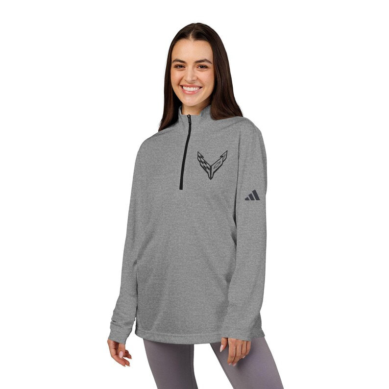 Adidas® Quarter-Zip Corvette C8 Pullover, Athletic Wear, Gym Lovers, Gifts for Him/Her, Casual Wear, Long Sleeve, Black Corvette Logo