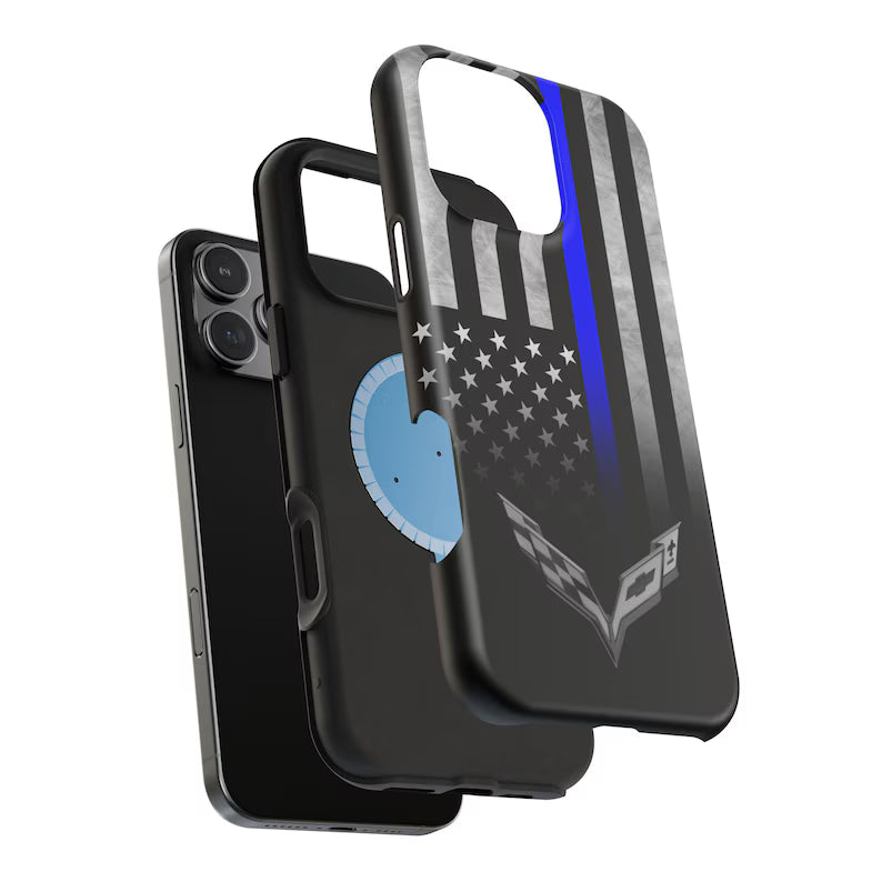 Corvette C7 Blue Lives Matter Magnetic Tough Case, iPhone Case, Impact Resistant, MagSafe, Rubber Liner, Matte or Glossy, Cell Phone Case