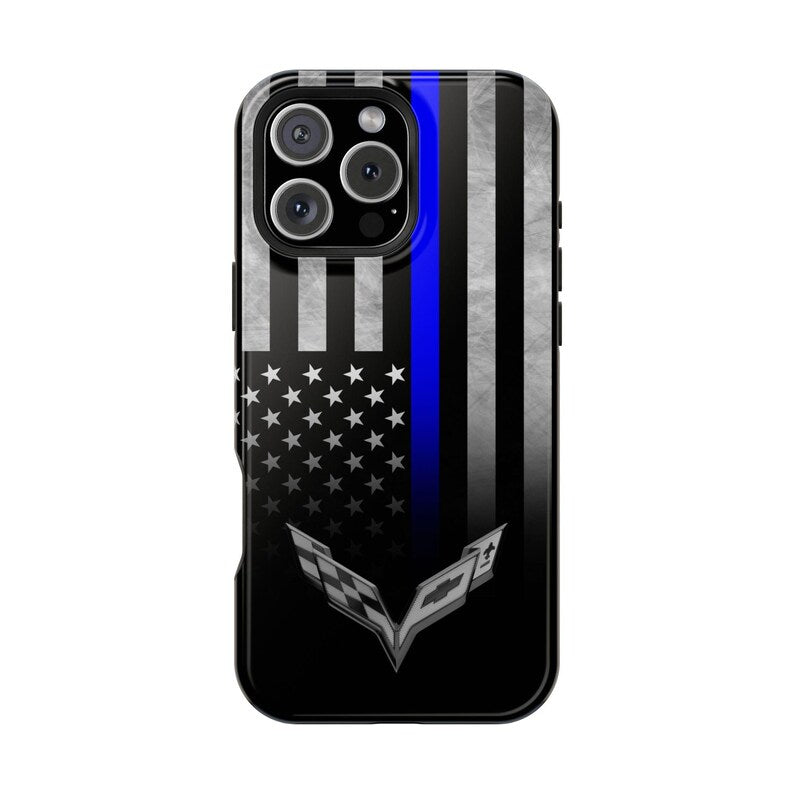 Corvette C7 Blue Lives Matter Magnetic Tough Case, iPhone Case, Impact Resistant, MagSafe, Rubber Liner, Matte or Glossy, Cell Phone Case