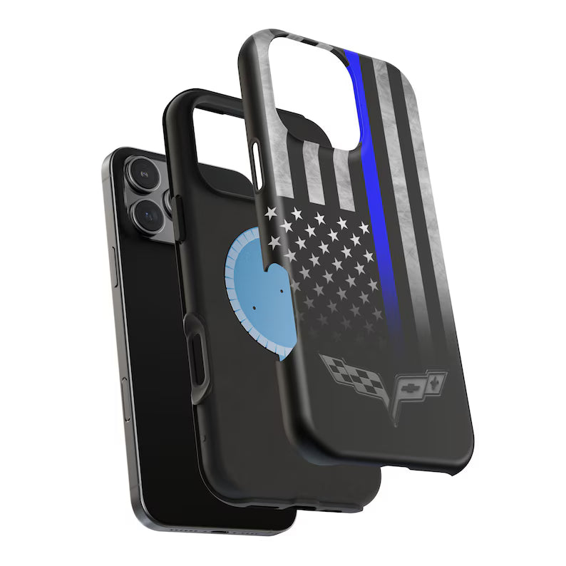 Corvette C6 Blue Lives Matter Magnetic Tough Case, iPhone Case, Impact Resistant, MagSafe, Rubber Liner, Matte or Glossy, Cell Phone Case