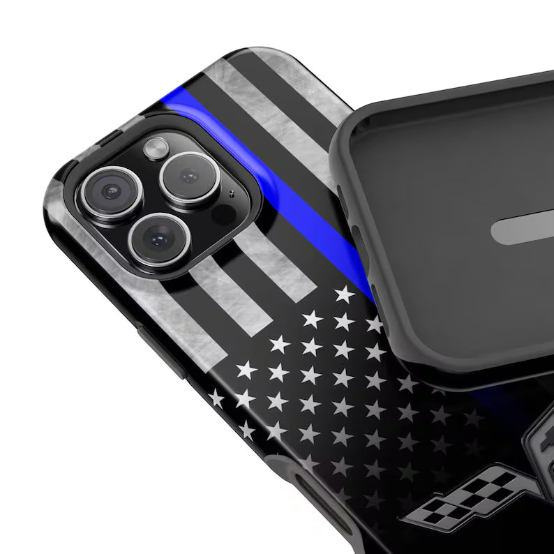 Corvette C6 Blue Lives Matter Magnetic Tough Case, iPhone Case, Impact Resistant, MagSafe, Rubber Liner, Matte or Glossy, Cell Phone Case