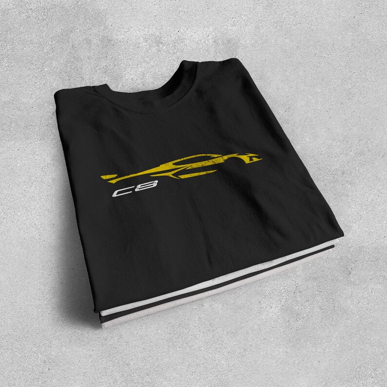 Corvette C8 Yellow Distressed T-Shirt, C8 Logo, Bella+Canvas T-Shirt, Corvette Apparel, Graphic Tee, Soft T-Shirt, Unisex Shirt, Grunge