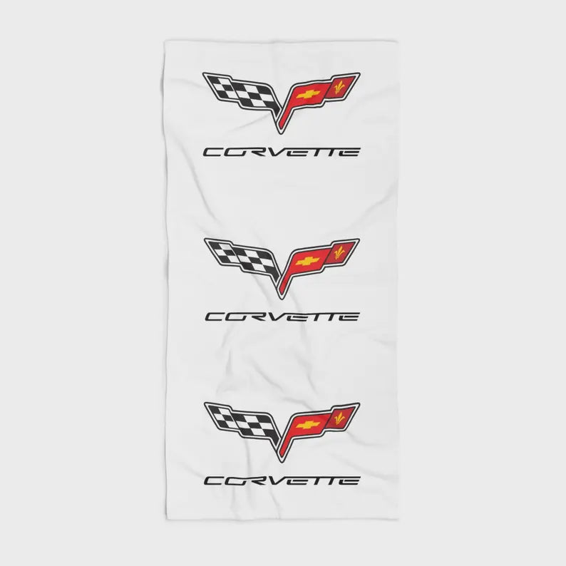 Corvette Beach Towel, C6 Corvette Gifts, Car Enthusiast Towel, Quick-Dry Towel, Corvette Logo, White Towel, Car Guy Gifts