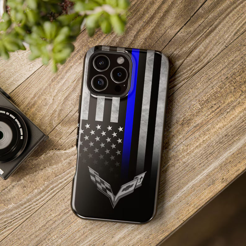 Corvette C7 Blue Lives Matter Magnetic Tough Case, iPhone Case, Impact Resistant, MagSafe, Rubber Liner, Matte or Glossy, Cell Phone Case