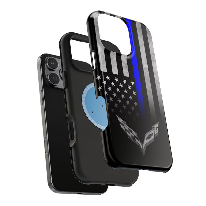 Corvette C7 Blue Lives Matter Magnetic Tough Case, iPhone Case, Impact Resistant, MagSafe, Rubber Liner, Matte or Glossy, Cell Phone Case