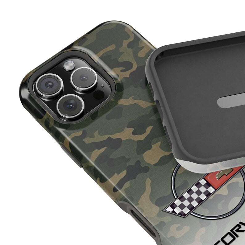 Corvette C4 Camo Magnetic Tough Case, iPhone Case, Impact Resistant, MagSafe, Rubber Liner, Matte or Glossy, Cell Phone Case