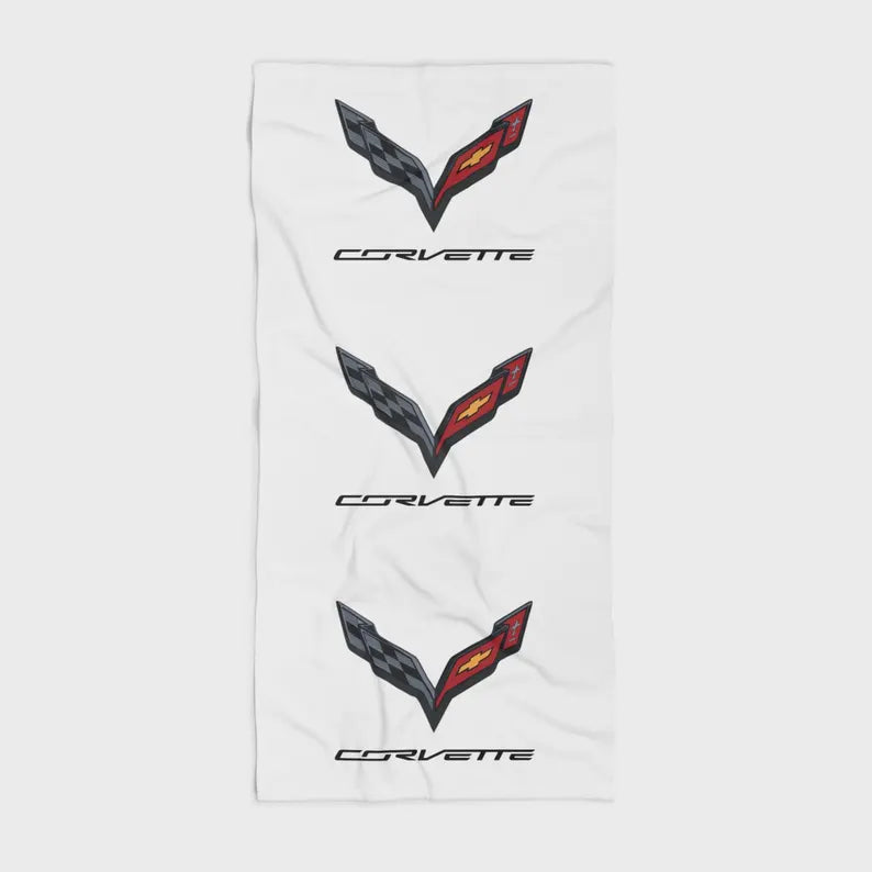 Corvette Beach Towel, C7 Corvette Gifts, Car Enthusiast Towel, Quick-Dry Towel, Corvette Logo, White Towel, Car Guy Gifts