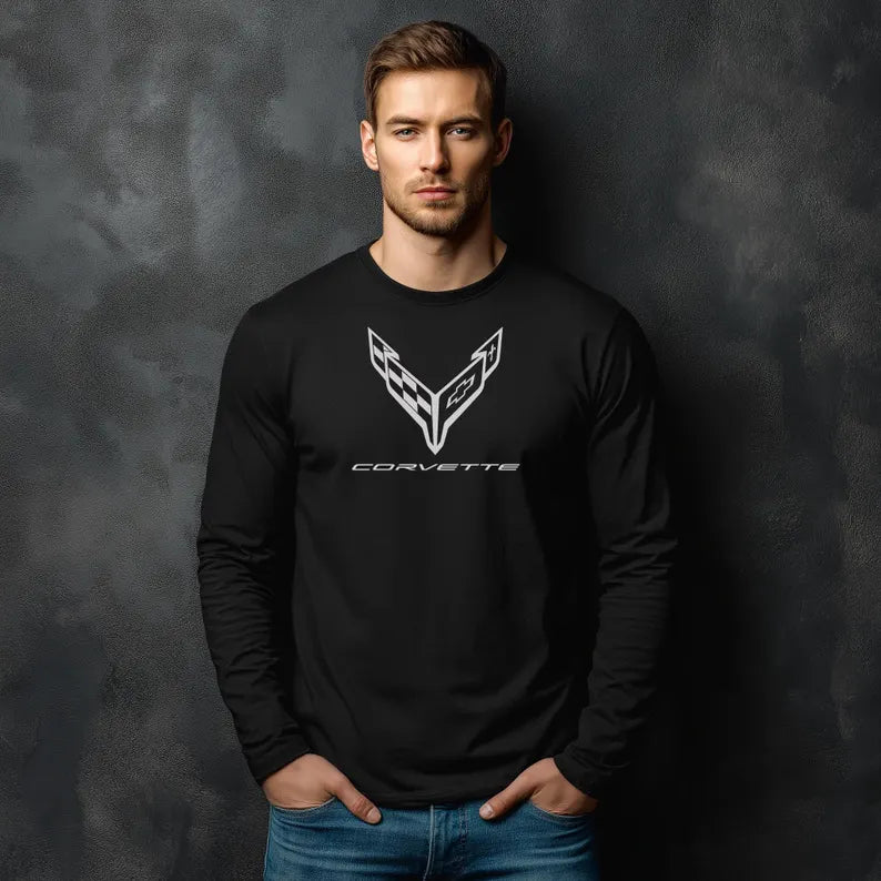 Unisex Corvette White C8 Long Sleeve Tee, Graphic T-Shirt, Gift for Him, Gift for Her, Bella+Canvas, Soft Shirt