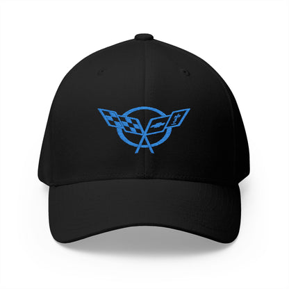 Corvette C5 Blue Logo Baseball Cap, Flexfit Hat, Stretchy Band, Black Hat, Corvette Gear, Embroidery