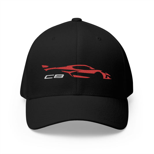 Corvette Red C8 Silhouette Baseball Cap, Flexfit Hat, Stretchy Band, Black Hat, Corvette Gear, Embroidery