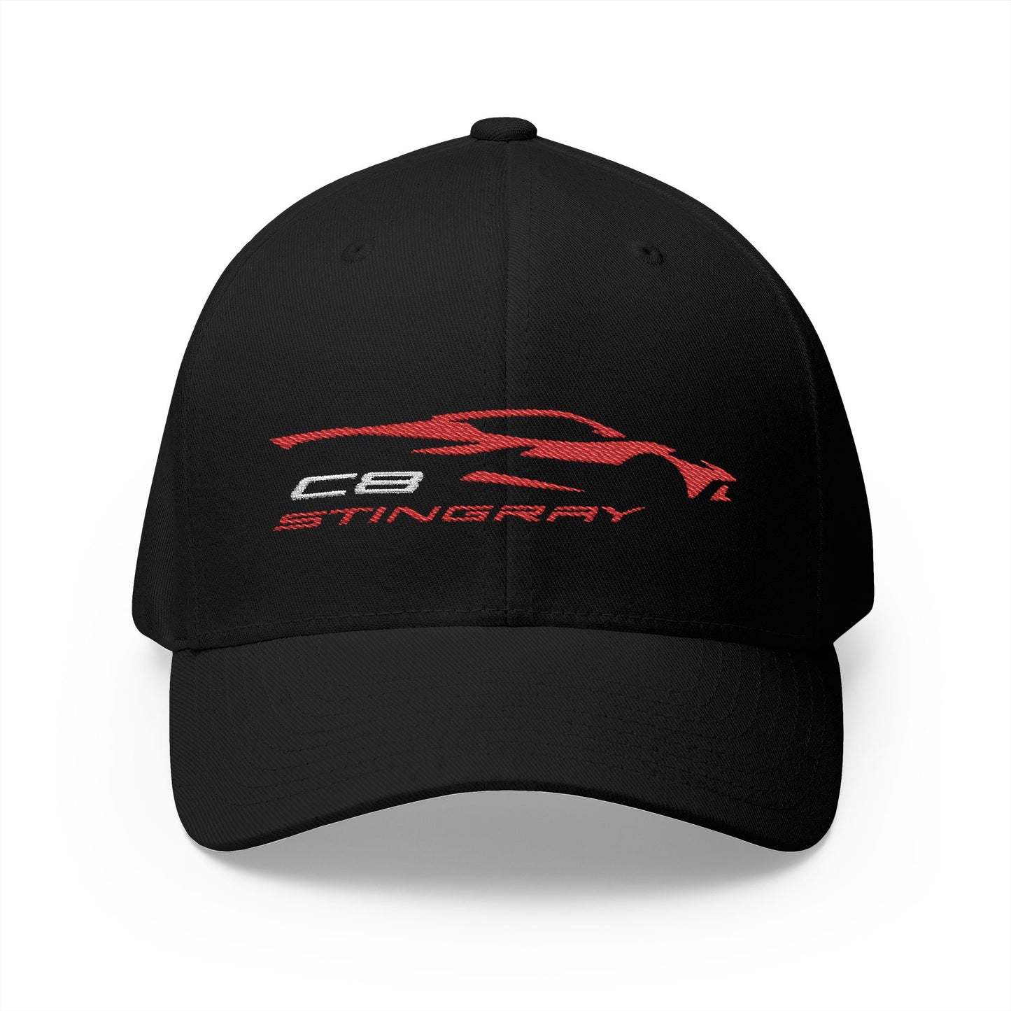 Corvette C8 Stingray Logo Baseball Cap, Red Graphic, Flexfit® Hat, Stretchy Band, Black Hat, Corvette Gear, Embroidery