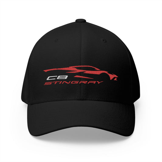 Corvette C8 Stingray Logo Baseball Cap, Red Graphic, Flexfit® Hat, Stretchy Band, Black Hat, Corvette Gear, Embroidery