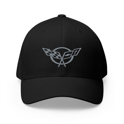 Corvette C5 Gray Logo Baseball Cap, Flexfit Hat, Stretchy Band, Black Hat, Corvette Gear, Embroidery