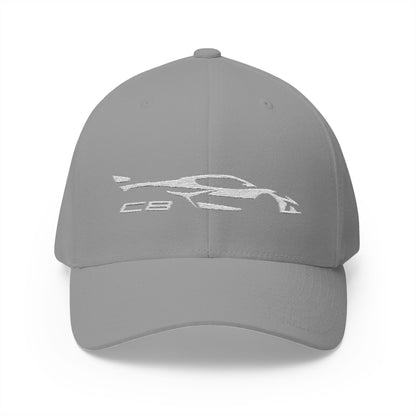 Corvette White C8 Silhouette Baseball Cap, Flexfit Hat, Stretchy Band, Black Hat, Corvette Gear, Embroidery