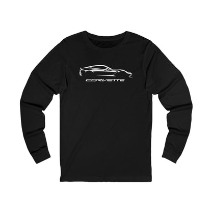 Unisex Corvette White C7 Long Sleeve Tee, Custom Silhouette, Graphic T-Shirt, Gift for Him, Gift for Her, Bella+Canvas, Soft Shirt