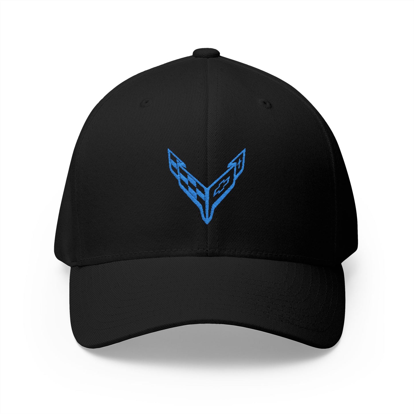 Corvette C8 Blue Logo Baseball Cap, Flexfit® Hat, Stretchy Band, Black Hat, Corvette Gear, Embroidery