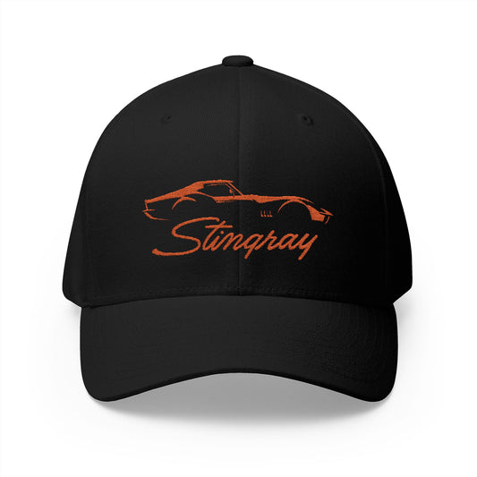 Corvette C3 Stingray Custom Silhouette Baseball Cap, Orange Graphic, Flexfit® Hat, Stretchy Band, Black Hat, Corvette Gear, Embroidery