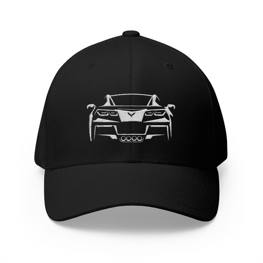 Corvette C7 Custom Silhouette Baseball Cap, Flexfit Hat, Stretchy Band, Black Hat, Corvette Gear, Embroidery