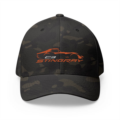 Corvette Orange C3 Stingray Silhouette Baseball Cap, Flexfit Hat, Stretchy Band, Black Hat, Corvette Gear, Embroidery