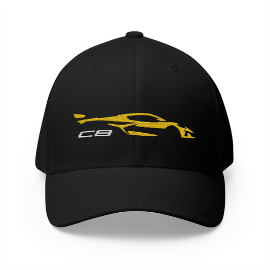 Corvette Yellow C8 Silhouette Baseball Cap, Flexfit Hat, Stretchy Band, Black Hat, Corvette Gear, Embroidery