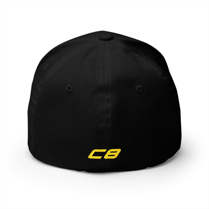 Corvette C8 Yellow Logo Baseball Cap, Flexfit® Hat, Stretchy Band, Black Hat, Corvette Gear, Embroidery