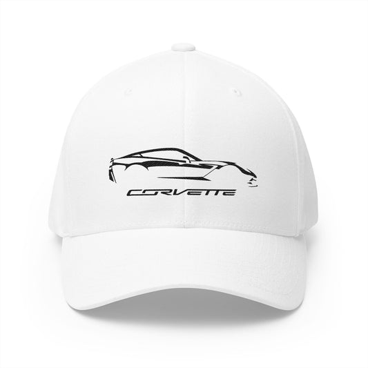 Corvette C7 Custom Silhouette Baseball Cap, Flexfit Hat, Stretchy Band, Black Hat, Corvette Gear, Embroidery