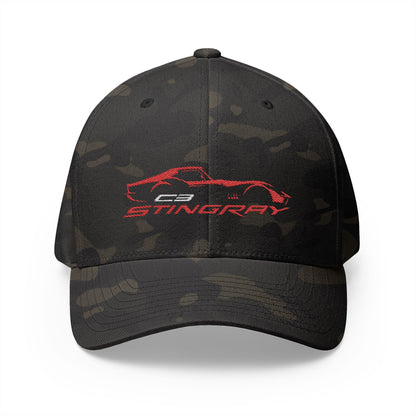 Corvette Red C3 Stingray Silhouette Baseball Cap, Flexfit Hat, Stretchy Band, Black Hat, Corvette Gear, Embroidery