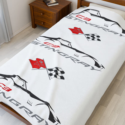 Corvette C3 Stingray White Blanket, Stingray Corvette Gifts, Soft Blankets, Corvette Logo, Velveteen Blanket, Car Guy Gifts, Car Girl Gifts
