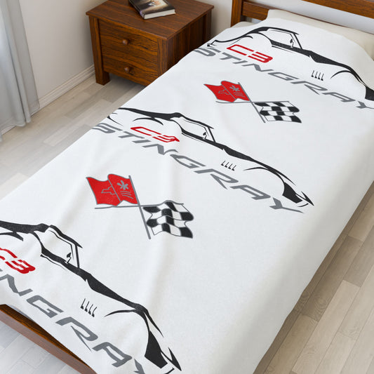 Corvette C3 Stingray White Blanket, Stingray Corvette Gifts, Soft Blankets, Corvette Logo, Velveteen Blanket, Car Guy Gifts, Car Girl Gifts