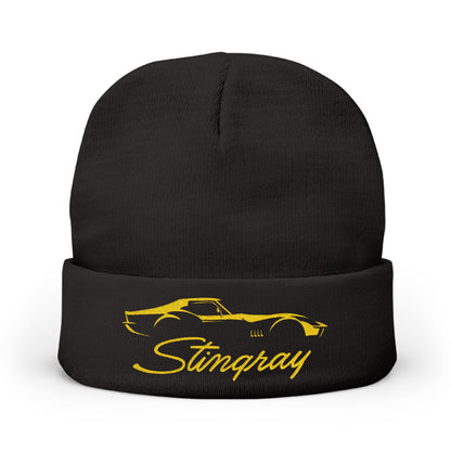 Corvette Yellow Stingray C3 Embroidery Winter Beanie, Knitted Hat, Cozy Cap, Outdoor Accessory, Unisex, Gift for Him, Gift for Her
